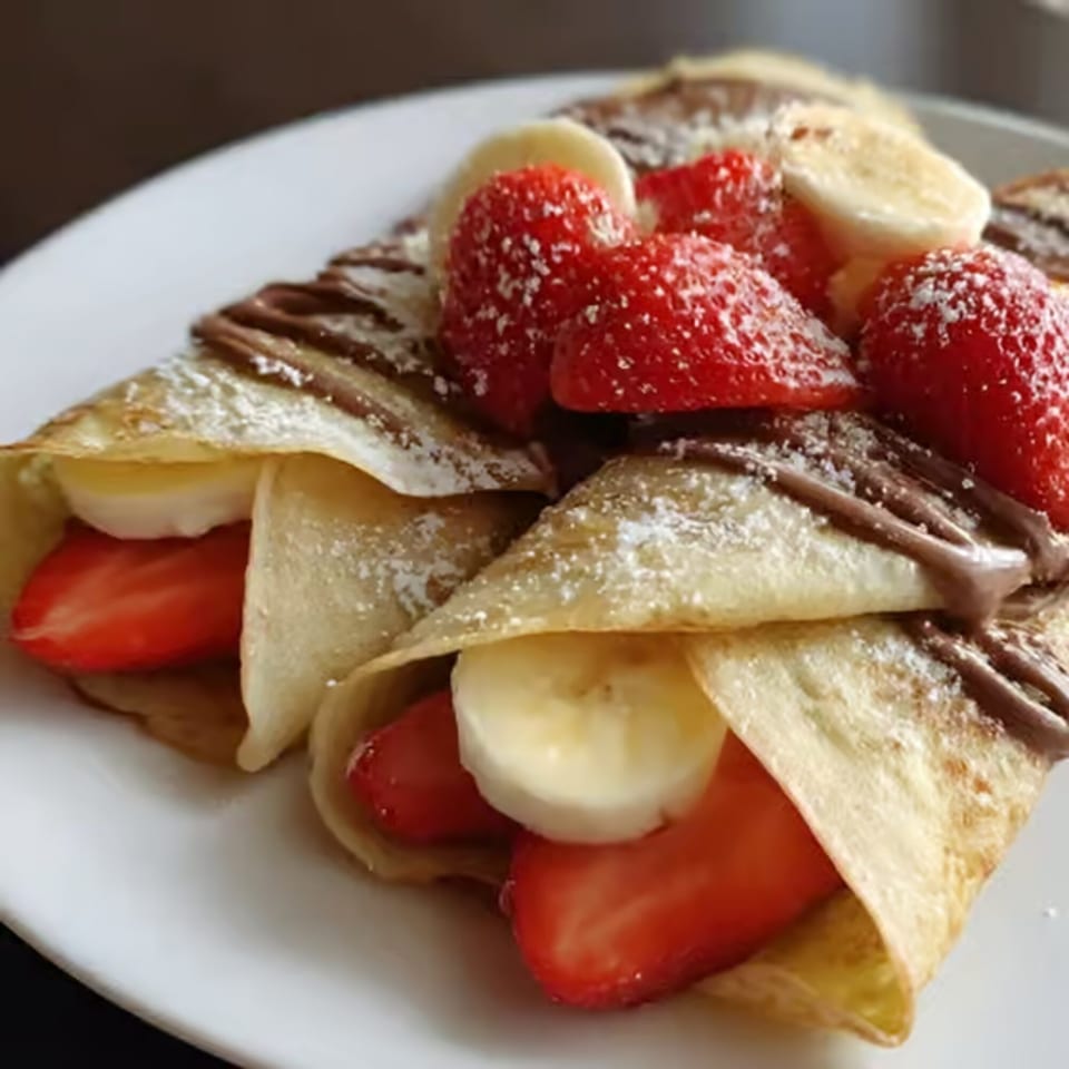 Two crepes filled with strawberries and bananas, drizzled with chocolate and powdered sugar.