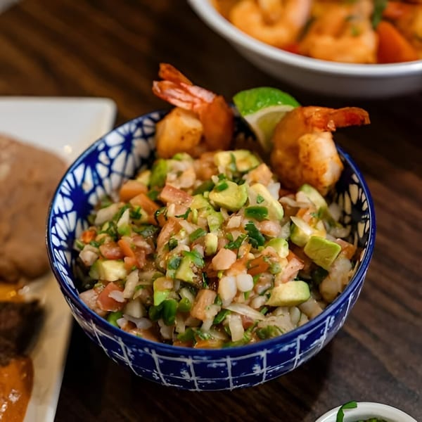 El Jacal Mexican Grill's shrimp ceviche with avocado, tomato, onion, and lime in a blue bowl.