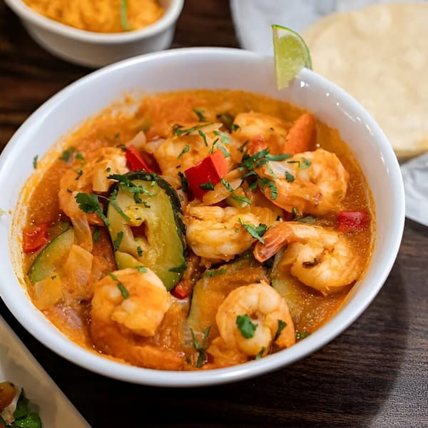 A white bowl of El Jacal Mexican Grill's shrimp dish with vegetables and a lime wedge.